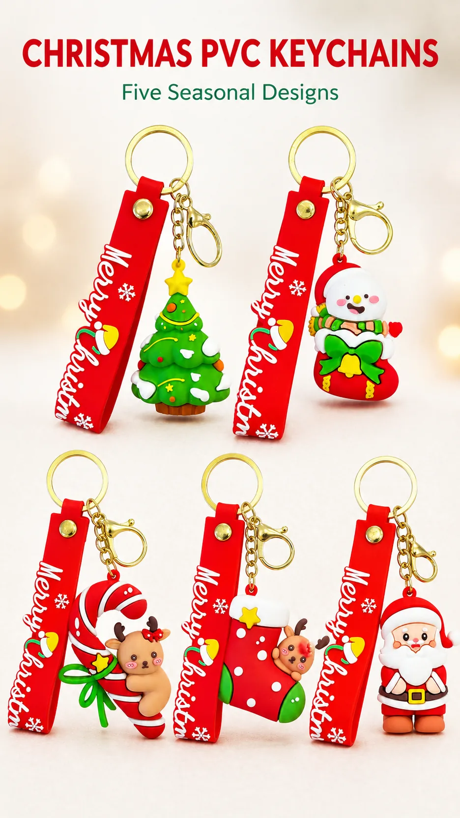 Cute Christmas PVC Keychain with Merry Christmas Strap and Gold Hardware product detail 1