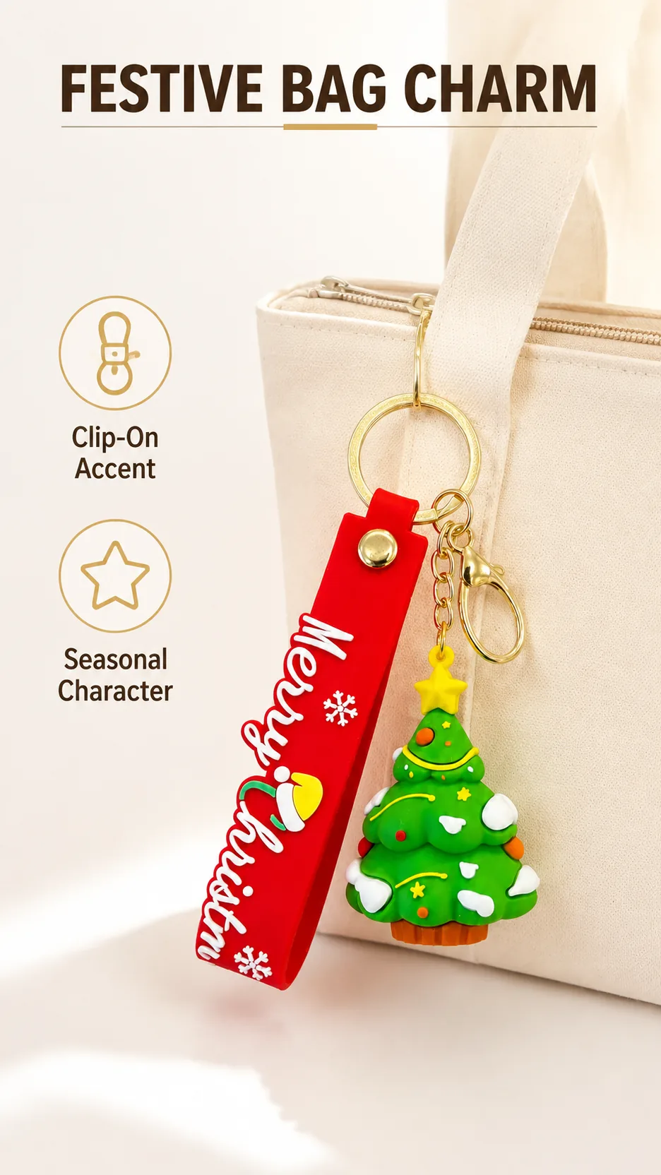 Cute Christmas PVC Keychain with Merry Christmas Strap and Gold Hardware product detail 6