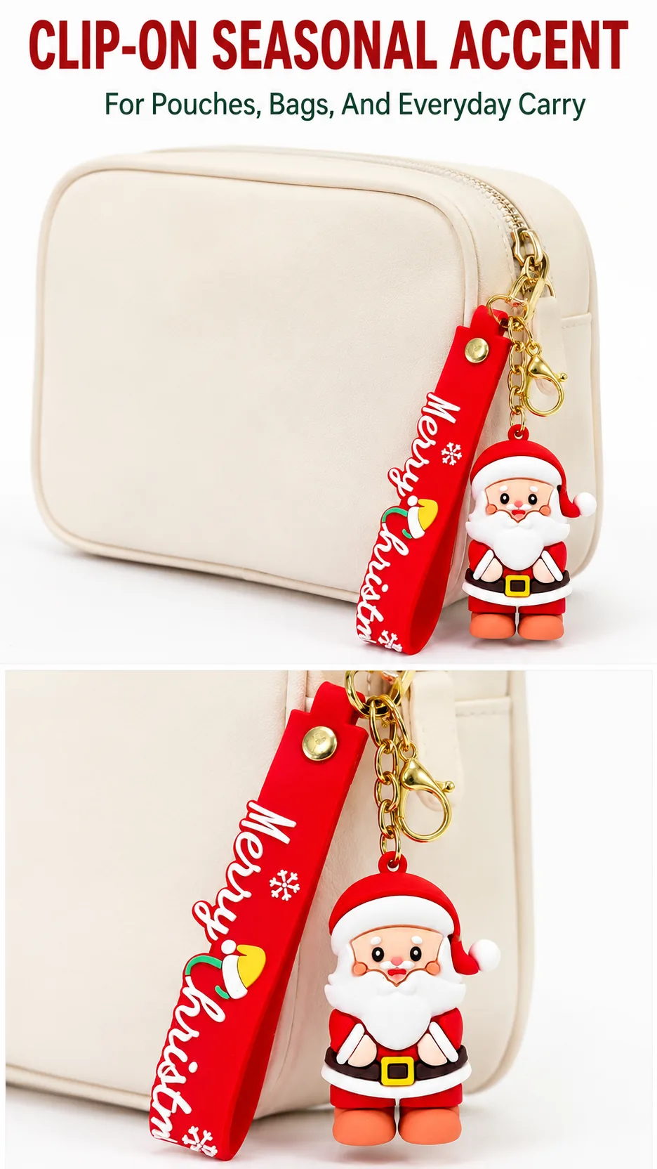 Cute Christmas PVC Keychain with Merry Christmas Strap and Gold Hardware product detail 7