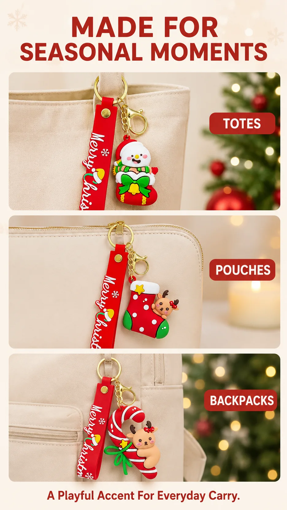 Cute Christmas PVC Keychain with Merry Christmas Strap and Gold Hardware product detail 8