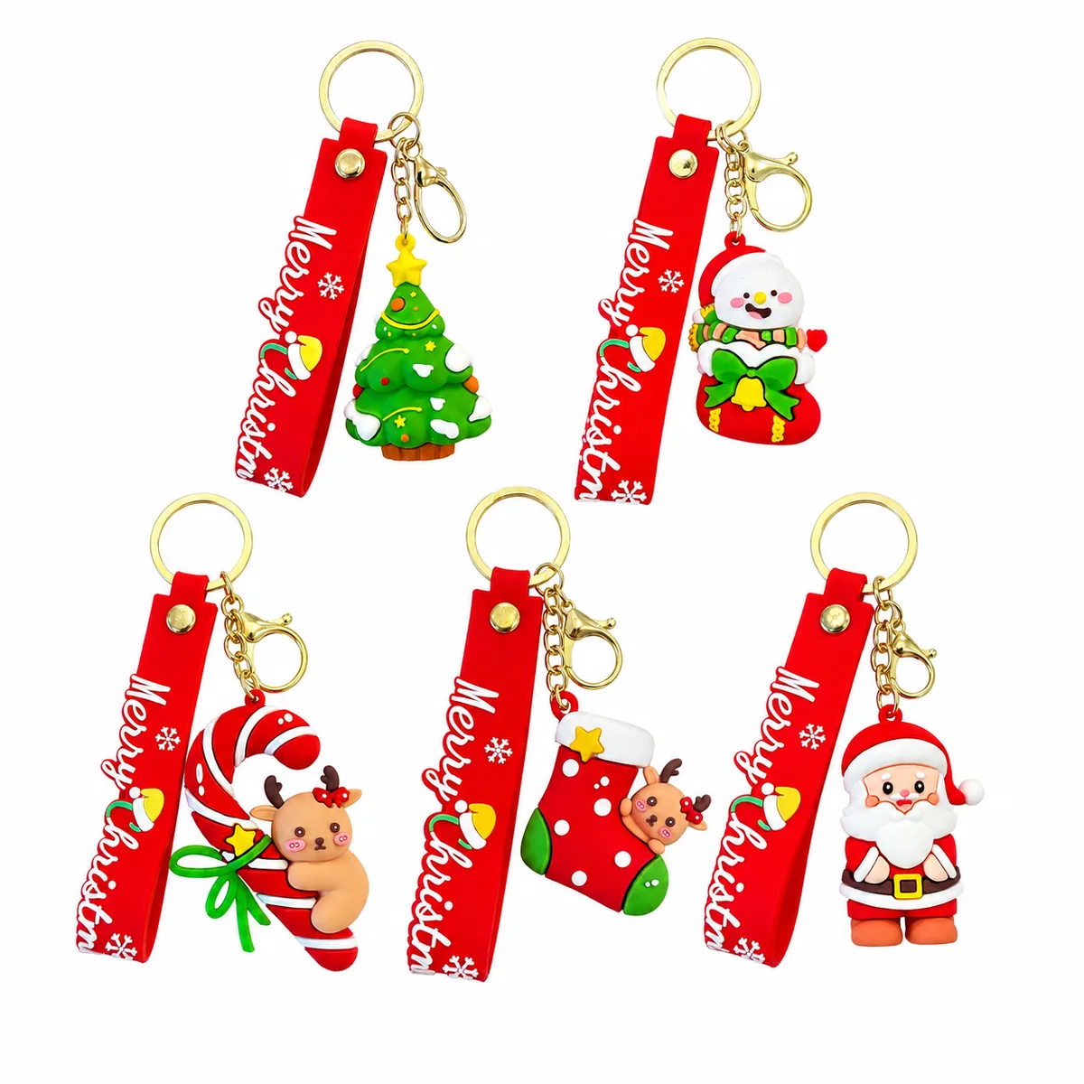 Cute Christmas PVC Keychain with Merry Christmas Strap and Gold Hardware