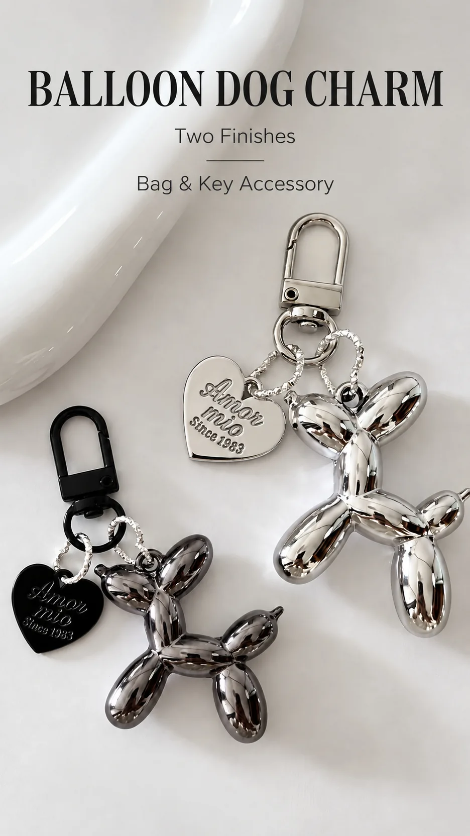 Fashionable Balloon Dog Keychain with Heart Charm Acrylic Metal Plated Bag Accessory product detail 1