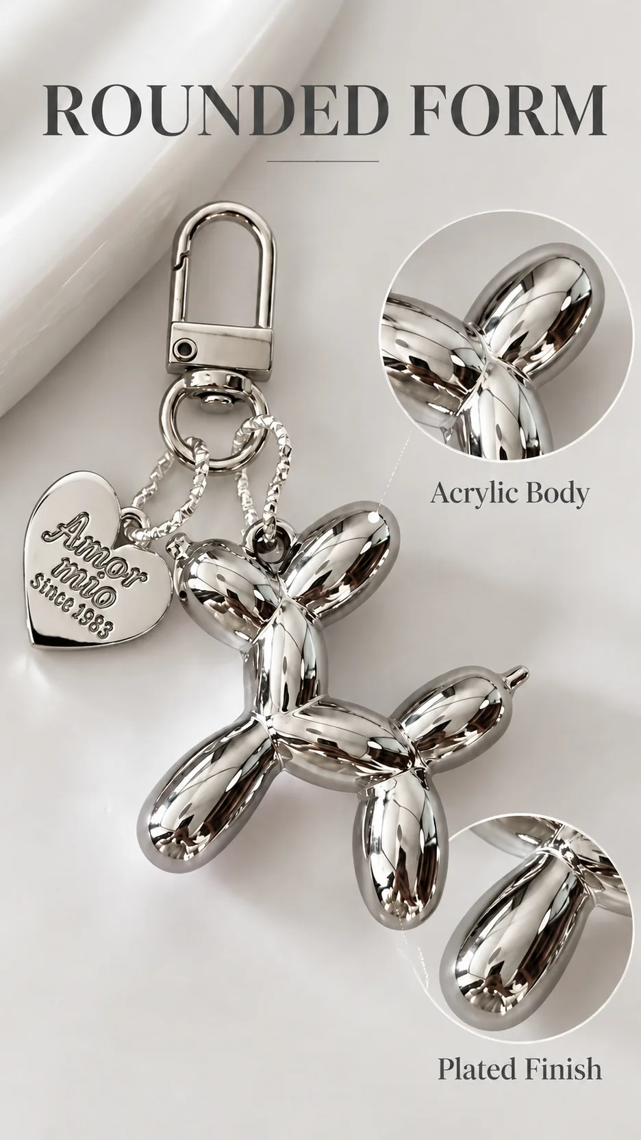 Fashionable Balloon Dog Keychain with Heart Charm Acrylic Metal Plated Bag Accessory product detail 2
