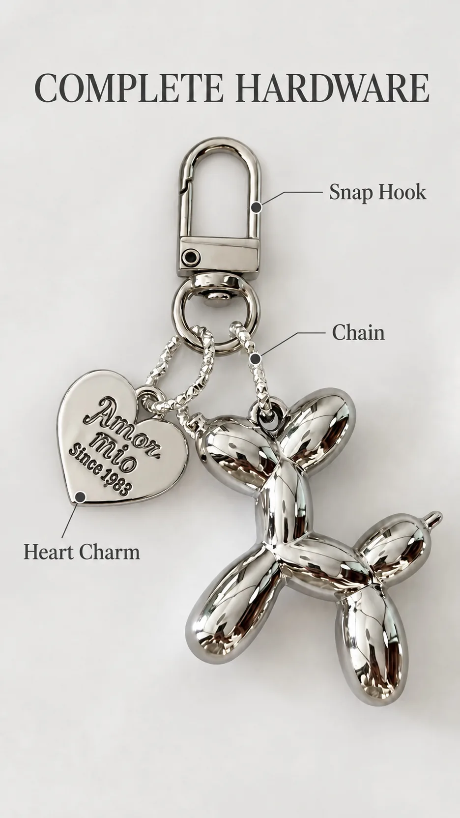 Fashionable Balloon Dog Keychain with Heart Charm Acrylic Metal Plated Bag Accessory product detail 3