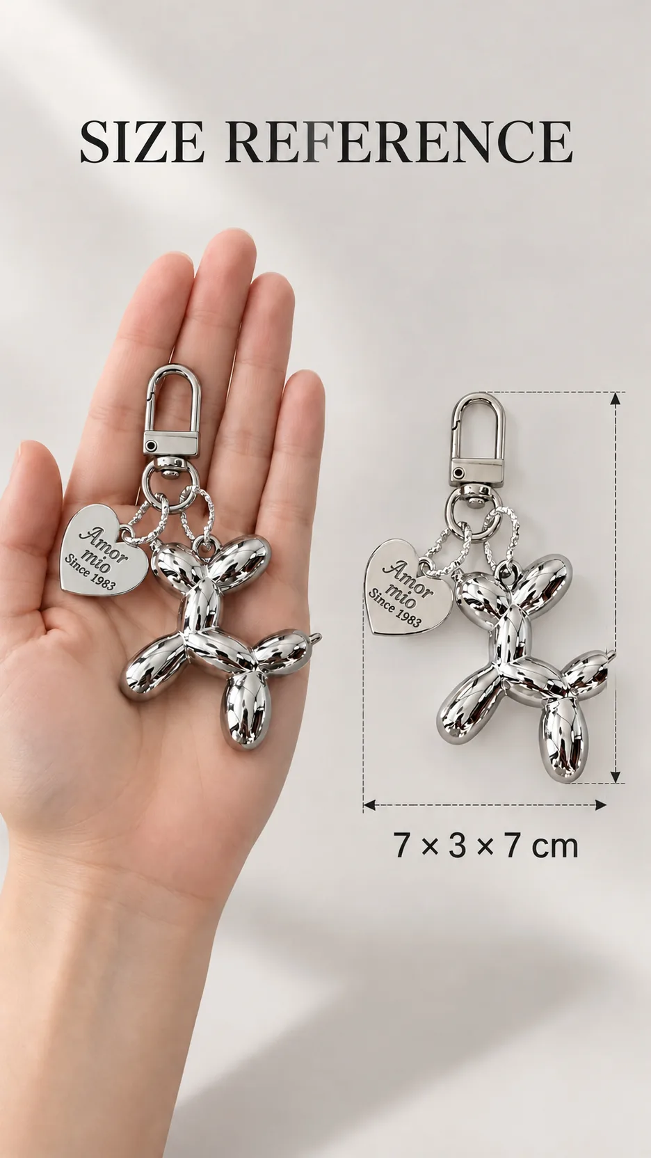 Fashionable Balloon Dog Keychain with Heart Charm Acrylic Metal Plated Bag Accessory product detail 4