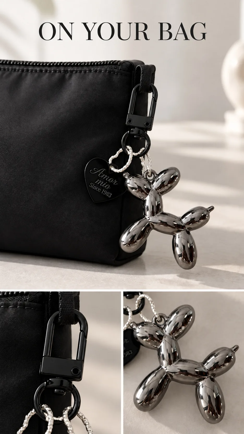 Fashionable Balloon Dog Keychain with Heart Charm Acrylic Metal Plated Bag Accessory product detail 6