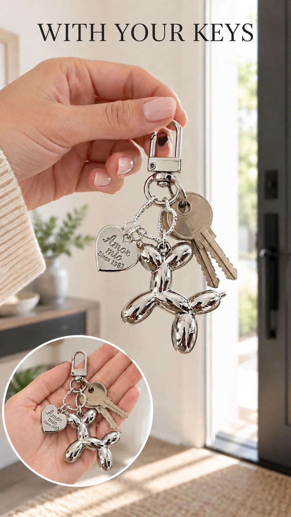 Fashionable Balloon Dog Keychain with Heart Charm Acrylic Metal Plated Bag Accessory product detail 7