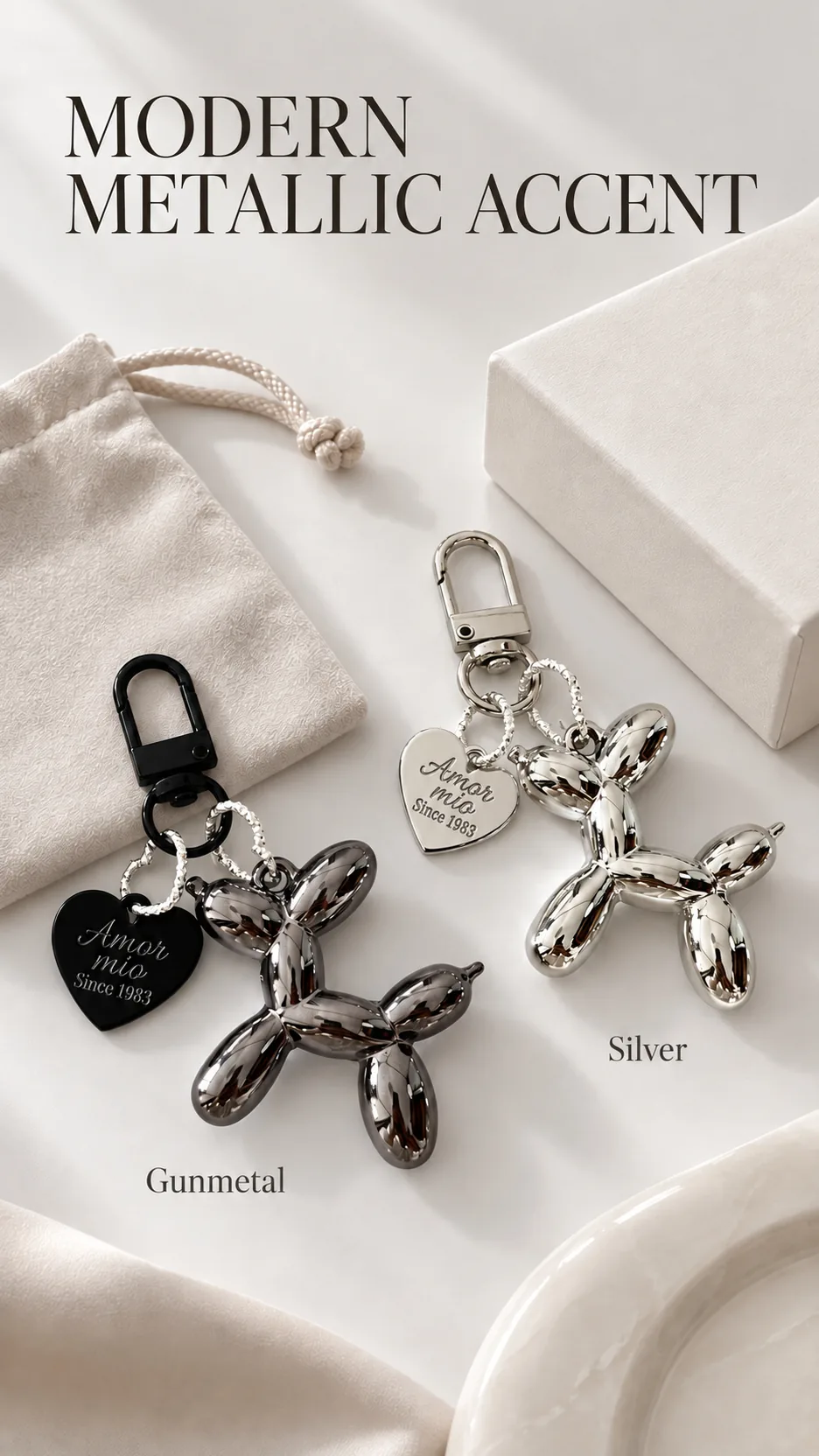 Fashionable Balloon Dog Keychain with Heart Charm Acrylic Metal Plated Bag Accessory product detail 8