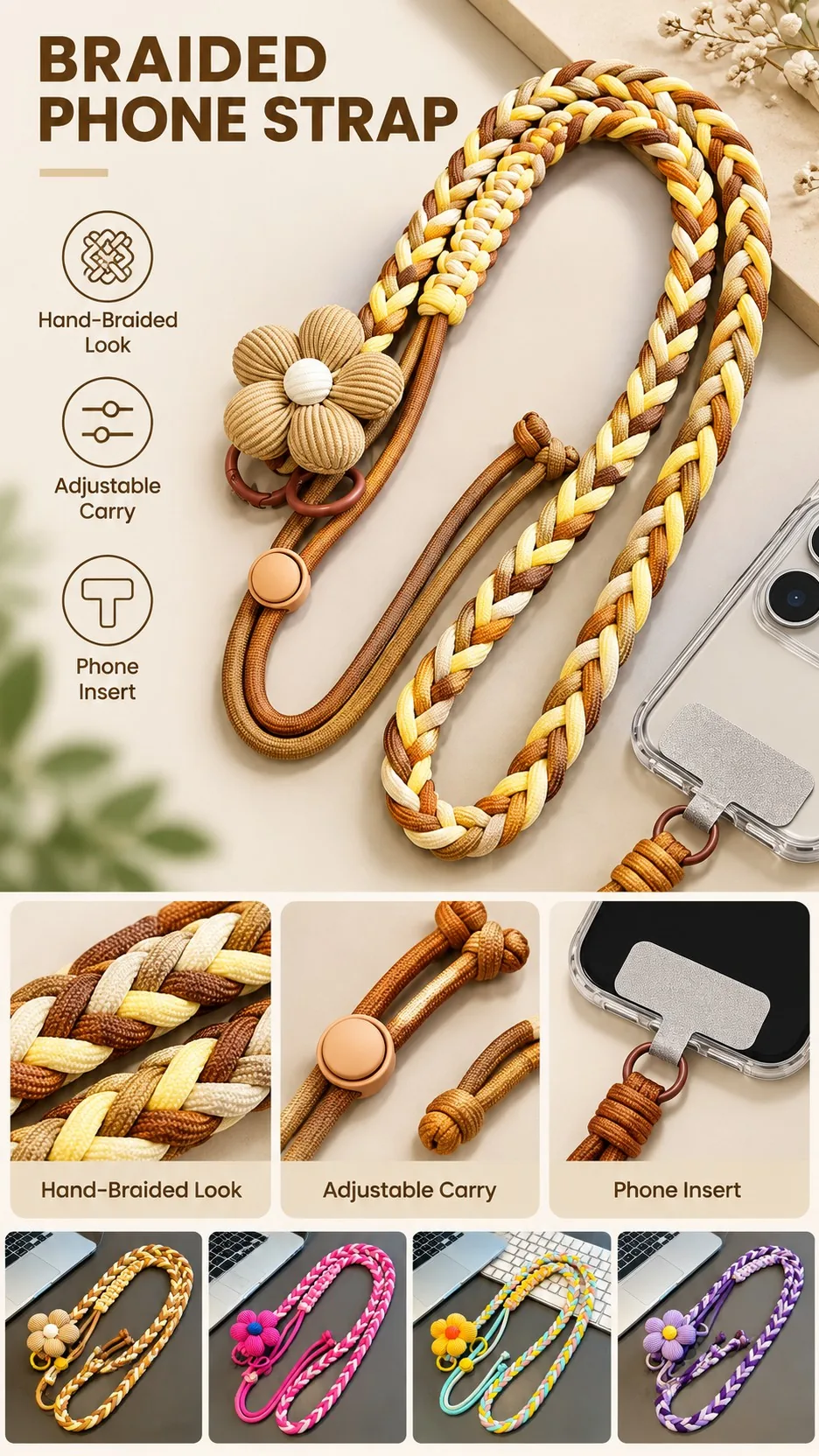 Dopamine Braided Crossbody Phone Lanyard with Adjustable Flower Charm and Metal Insert product detail 1