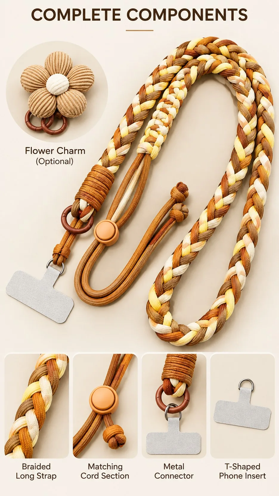 Dopamine Braided Crossbody Phone Lanyard with Adjustable Flower Charm and Metal Insert product detail 3
