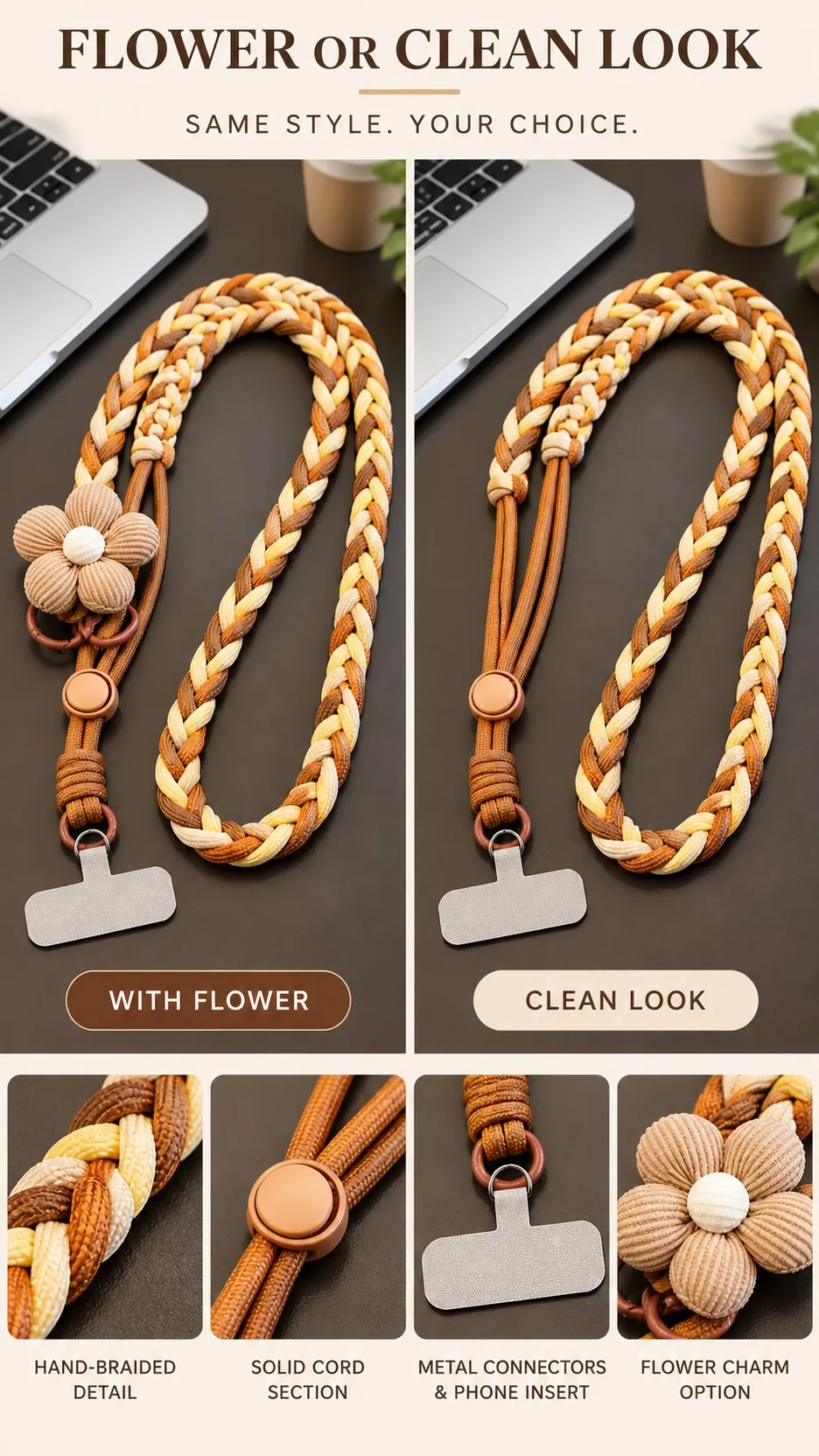 Dopamine Braided Crossbody Phone Lanyard with Adjustable Flower Charm and Metal Insert product detail 4