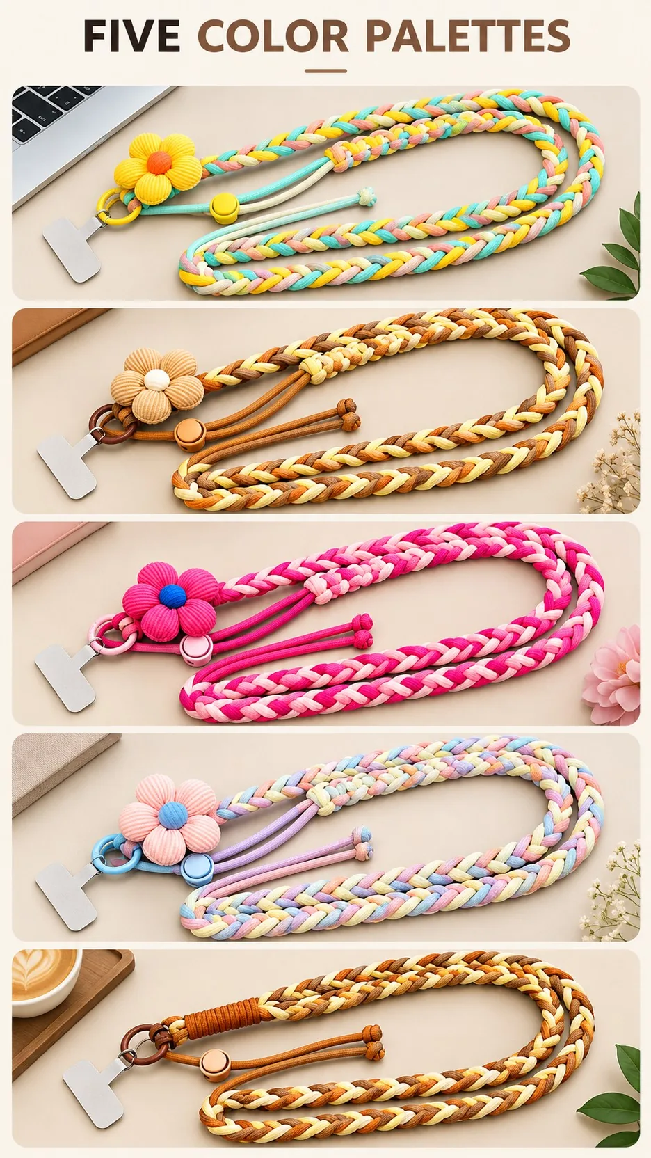 Dopamine Braided Crossbody Phone Lanyard with Adjustable Flower Charm and Metal Insert product detail 5