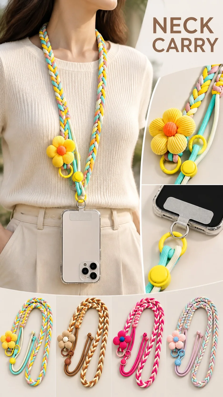Dopamine Braided Crossbody Phone Lanyard with Adjustable Flower Charm and Metal Insert product detail 7