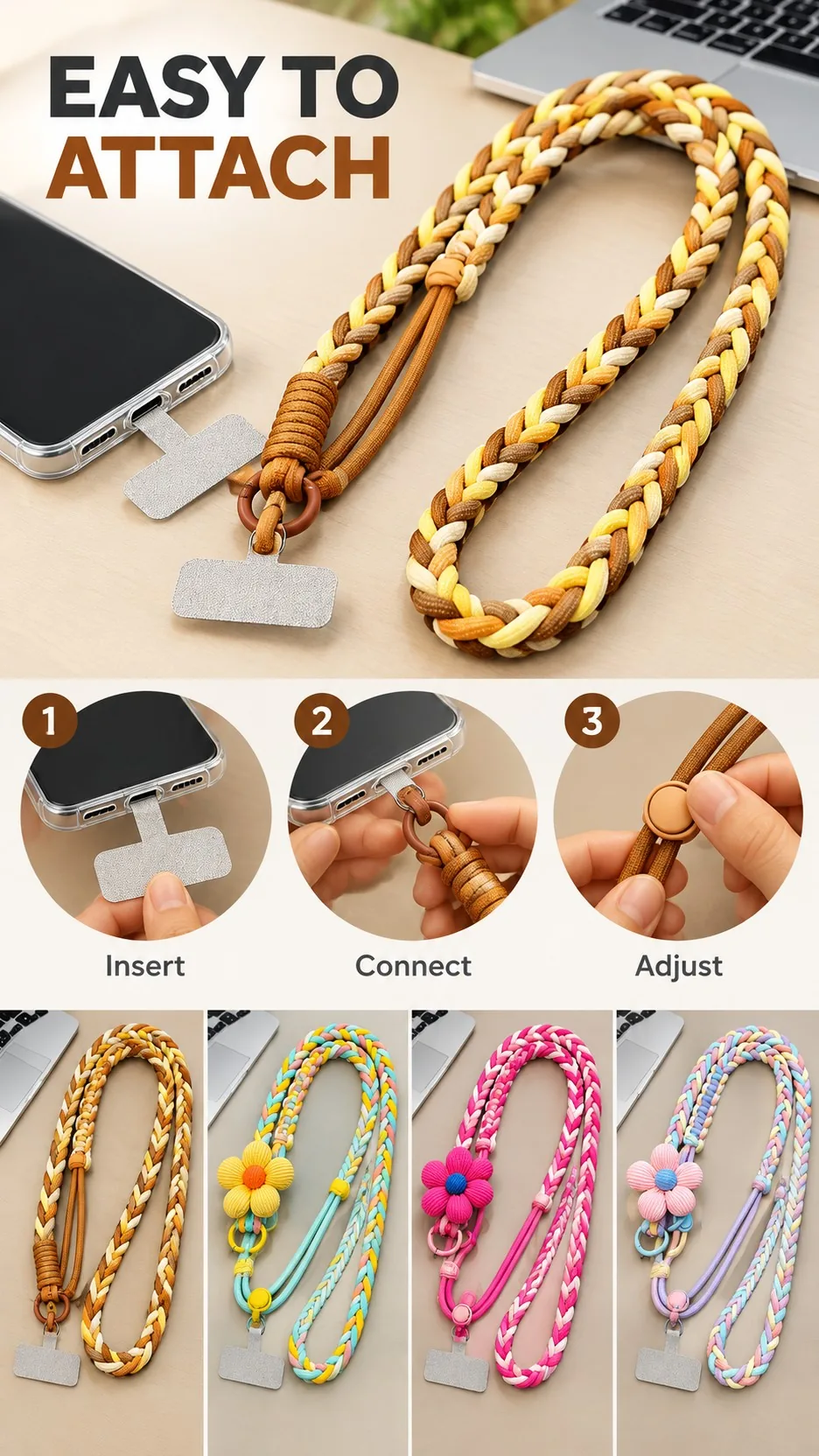 Dopamine Braided Crossbody Phone Lanyard with Adjustable Flower Charm and Metal Insert product detail 8