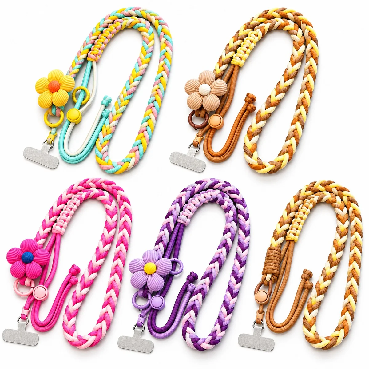 Dopamine Braided Crossbody Phone Lanyard with Adjustable Flower Charm and Metal Insert