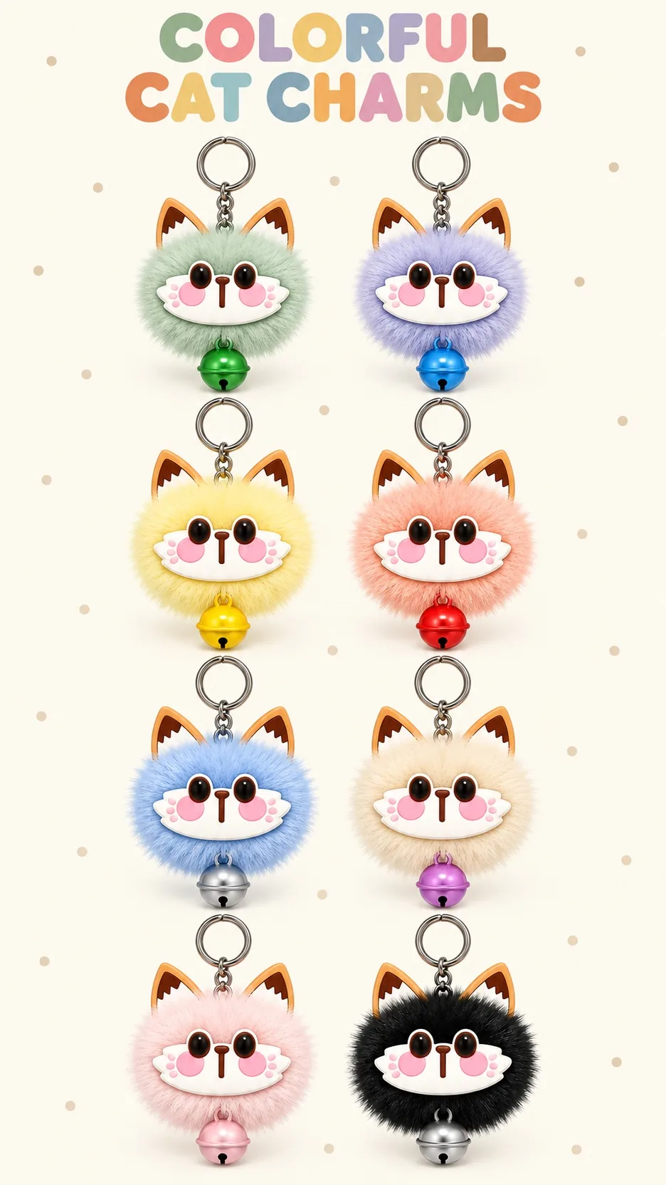 Cute Fluffy Cat Face Plush Keychain with Metal Bell and Ears Cartoon Animal Bag Charm product detail 1