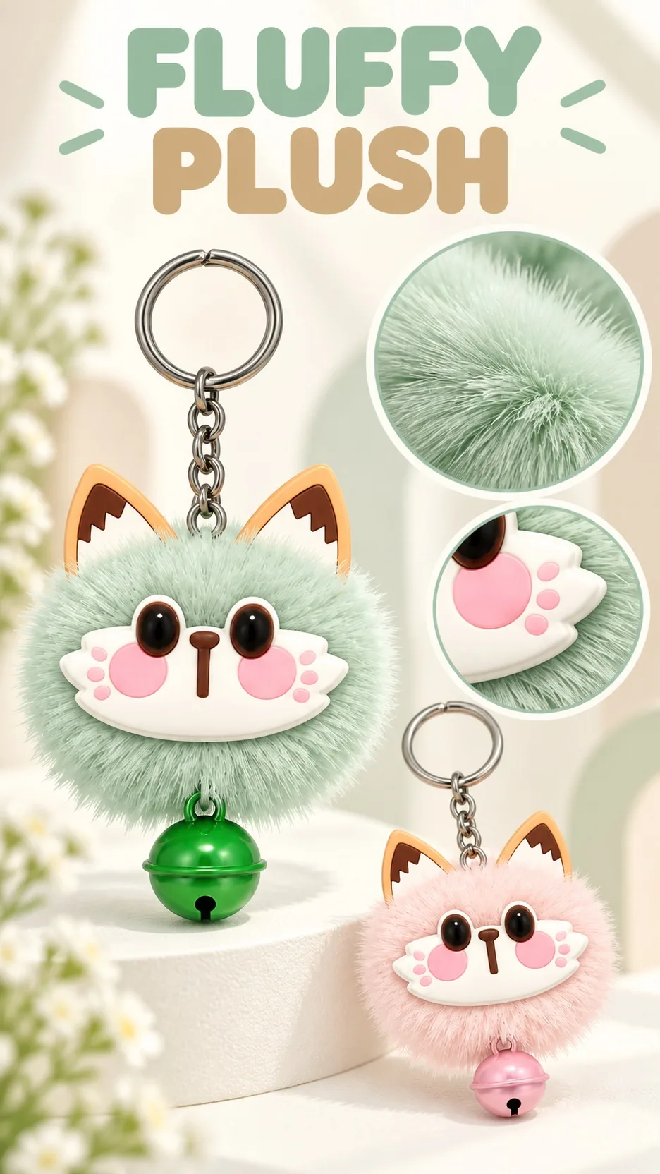 Cute Fluffy Cat Face Plush Keychain with Metal Bell and Ears Cartoon Animal Bag Charm product detail 2