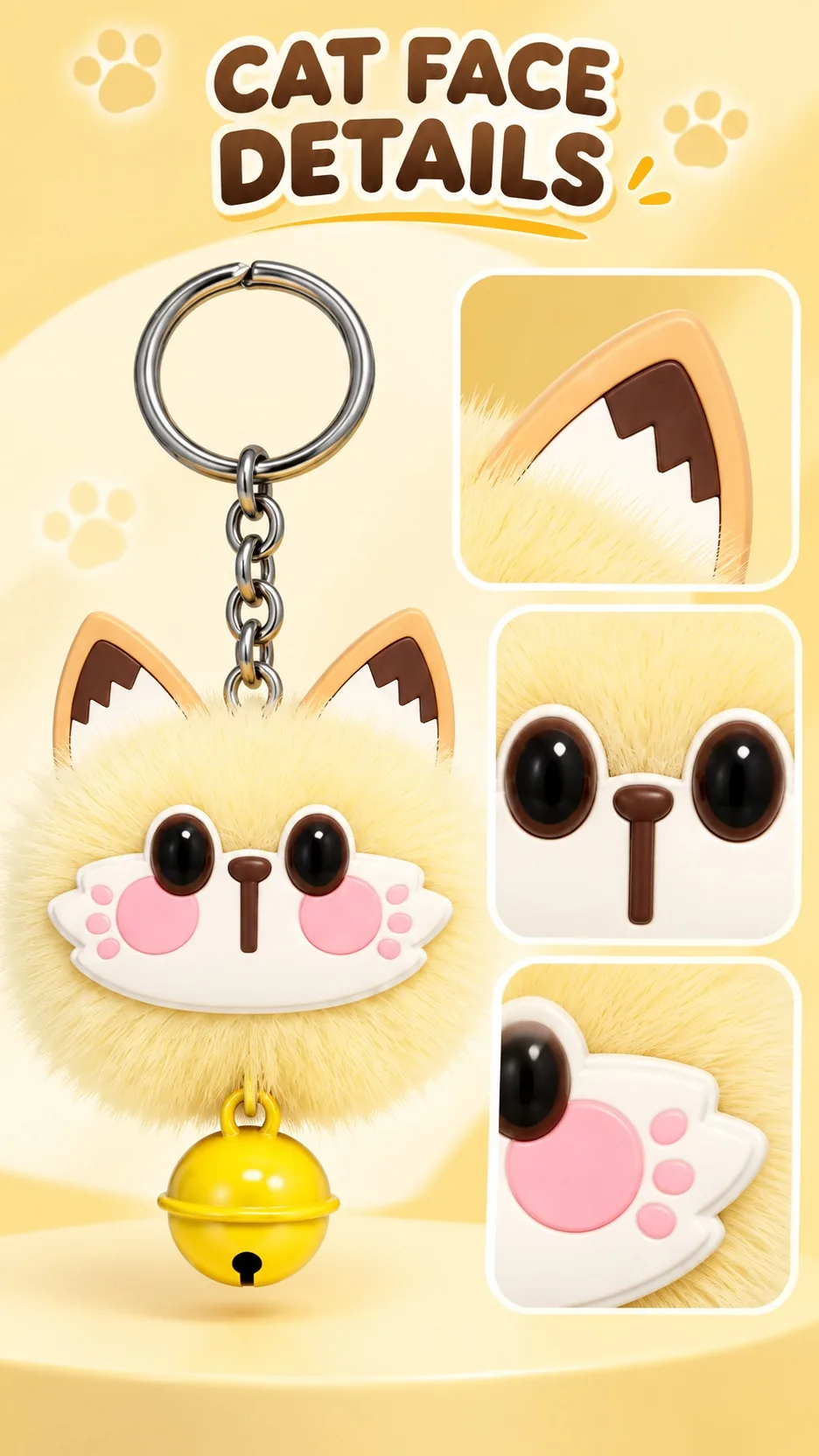Cute Fluffy Cat Face Plush Keychain with Metal Bell and Ears Cartoon Animal Bag Charm product detail 3