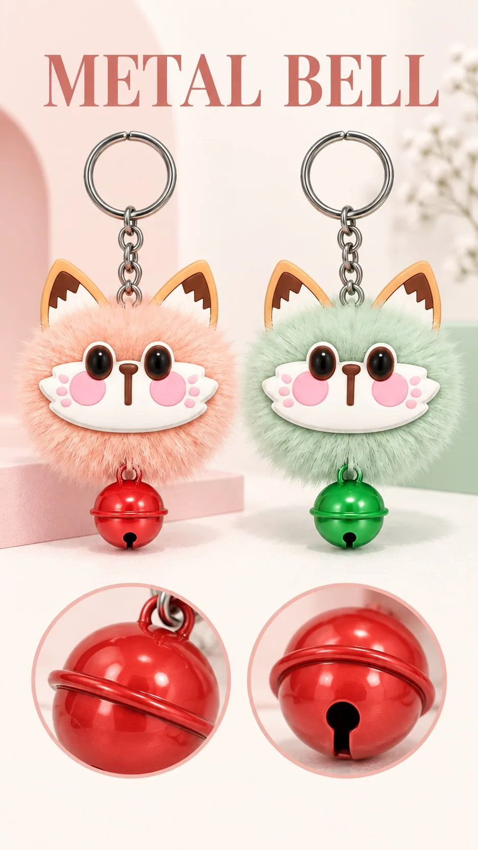 Cute Fluffy Cat Face Plush Keychain with Metal Bell and Ears Cartoon Animal Bag Charm product detail 4