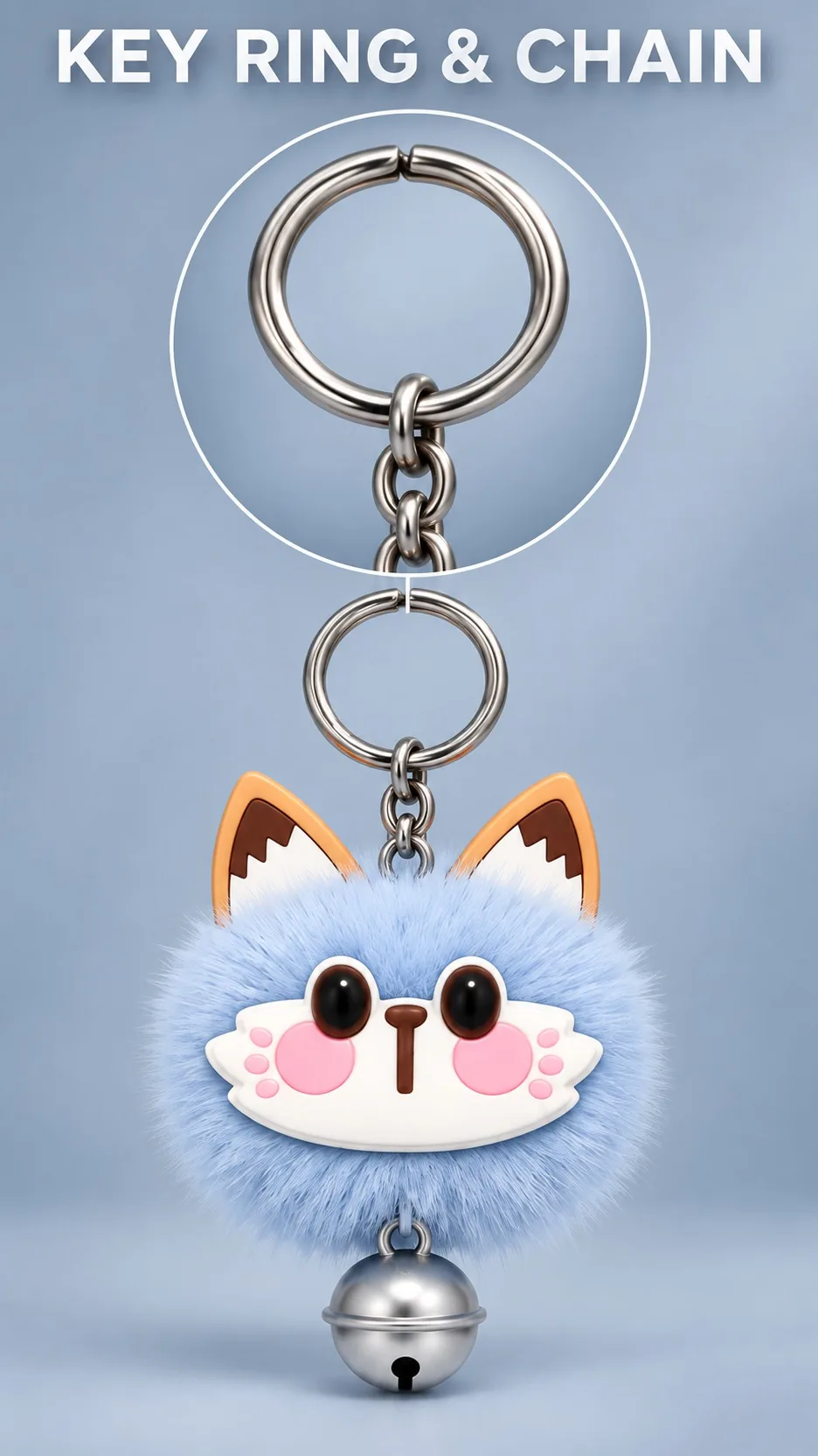 Cute Fluffy Cat Face Plush Keychain with Metal Bell and Ears Cartoon Animal Bag Charm product detail 5