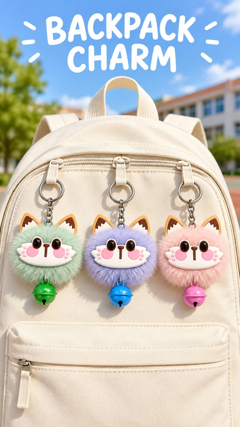 Cute Fluffy Cat Face Plush Keychain with Metal Bell and Ears Cartoon Animal Bag Charm product detail 6