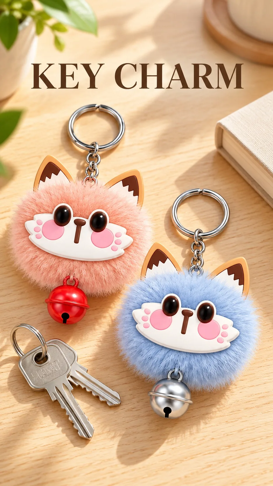 Cute Fluffy Cat Face Plush Keychain with Metal Bell and Ears Cartoon Animal Bag Charm product detail 7