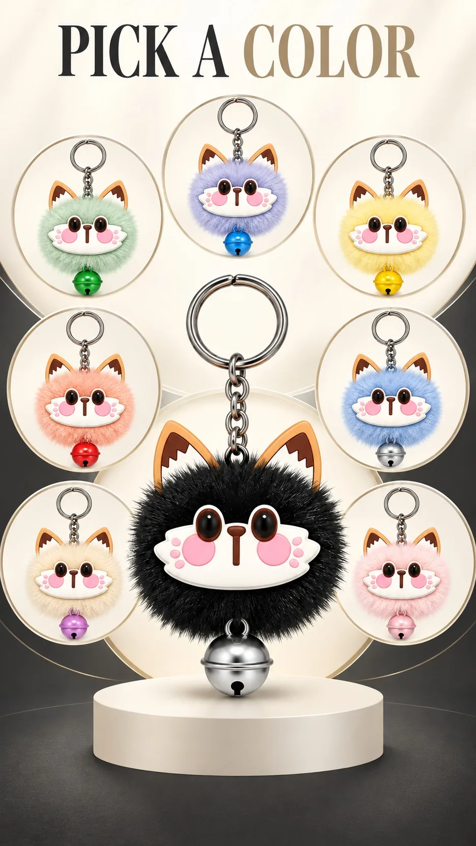 Cute Fluffy Cat Face Plush Keychain with Metal Bell and Ears Cartoon Animal Bag Charm product detail 8