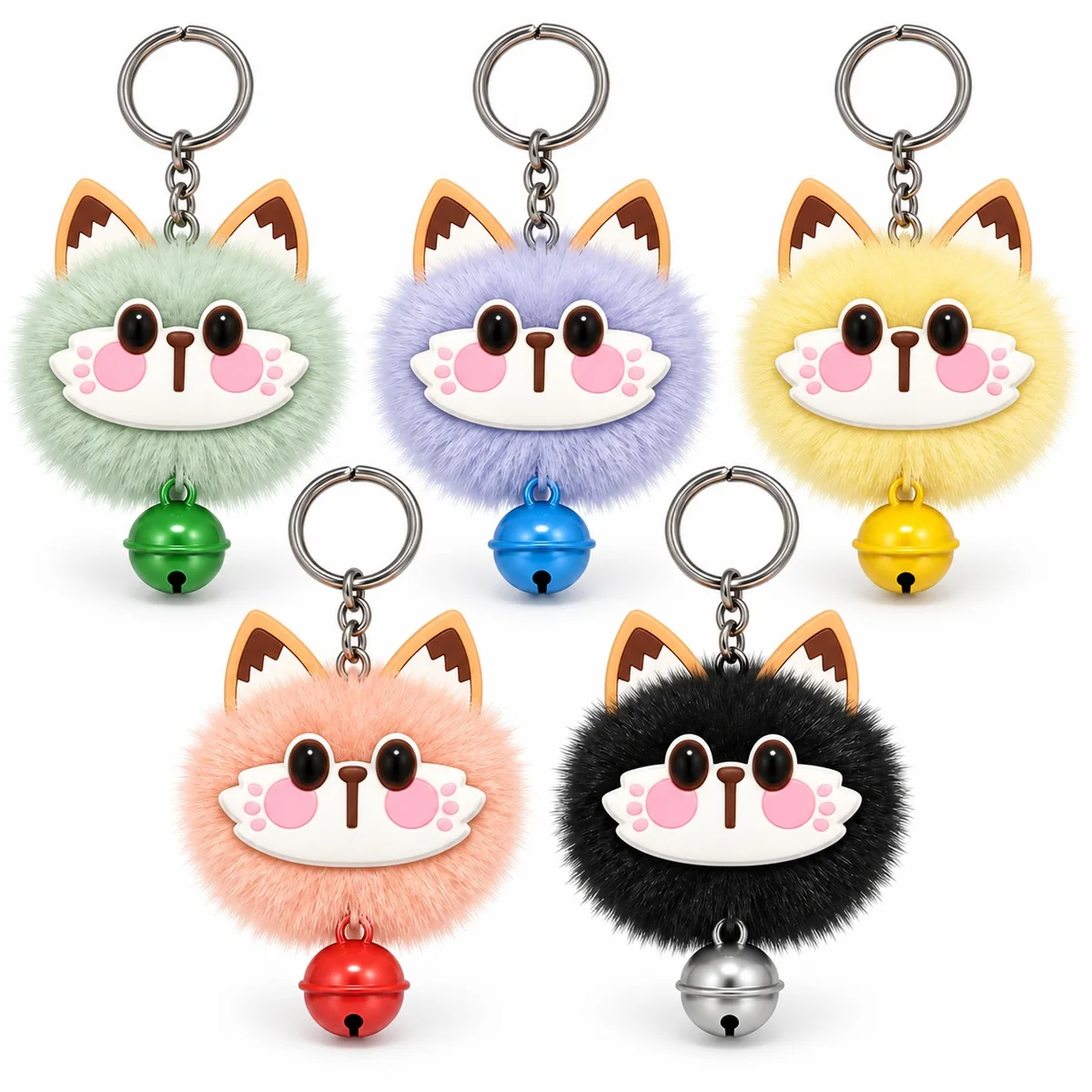 Cute Fluffy Cat Face Plush Keychain with Metal Bell and Ears Cartoon Animal Bag Charm