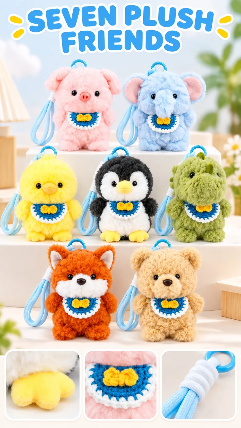 Cute Scented Plush Animal Keychain Bag Charm with Crochet Bib and Wrist Strap product detail 1