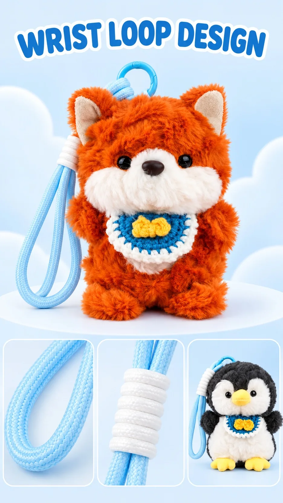 Cute Scented Plush Animal Keychain Bag Charm with Crochet Bib and Wrist Strap product detail 3