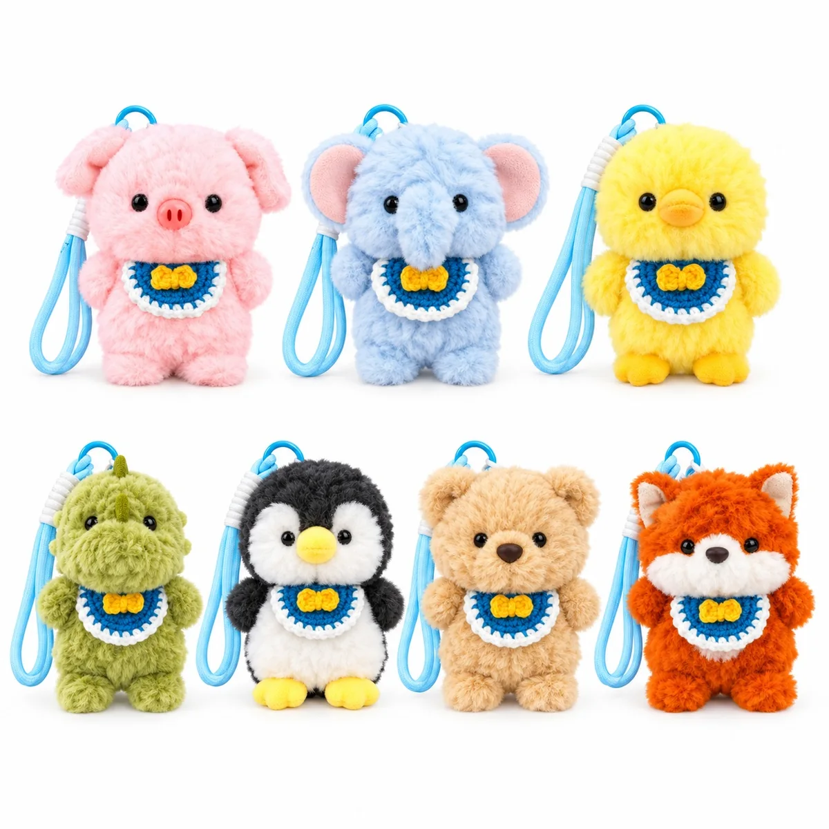 Cute Scented Plush Animal Keychain Bag Charm with Crochet Bib and Wrist Strap
