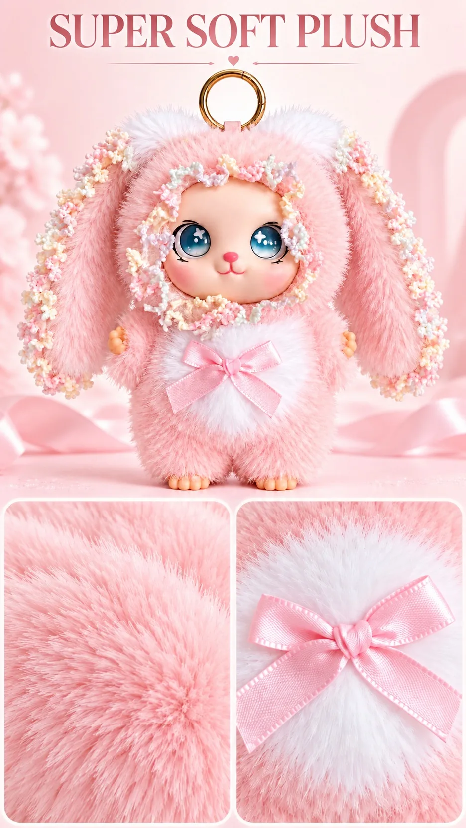 Cute Long Ear Rabbit Plush Keychain Bag Charm Soft Faux Fur Bunny Doll Pendant product detail 2