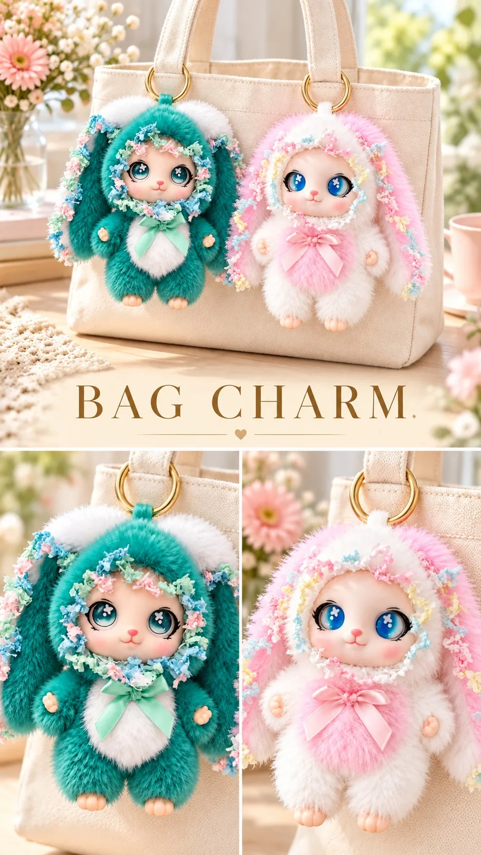 Cute Long Ear Rabbit Plush Keychain Bag Charm Soft Faux Fur Bunny Doll Pendant product detail 6