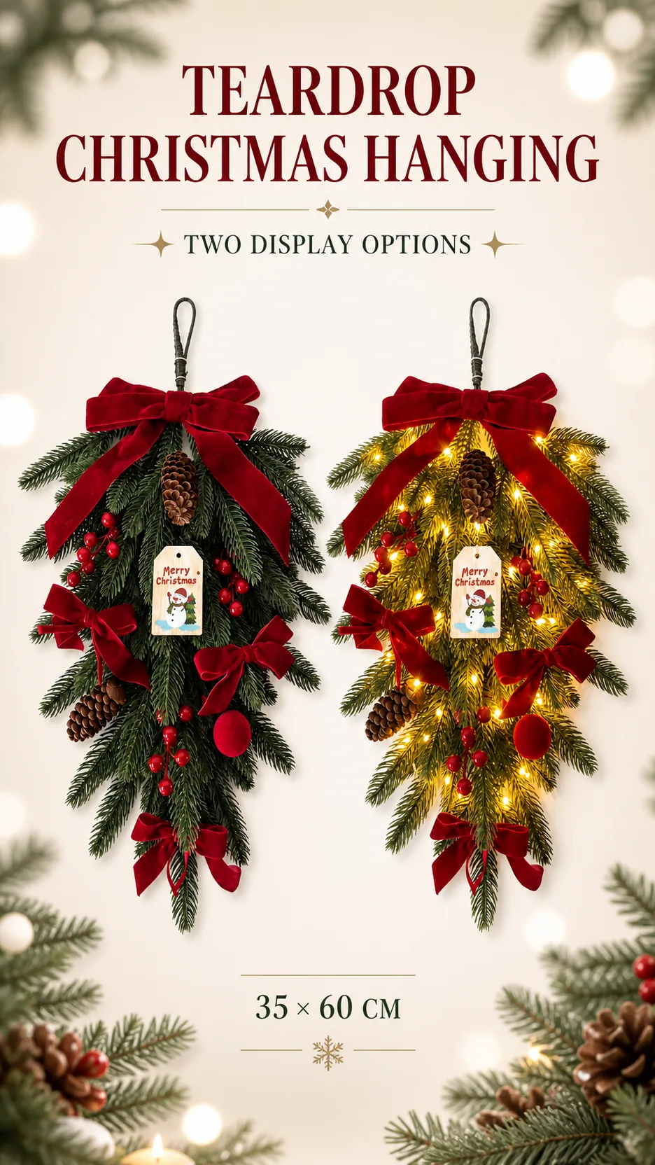 Christmas Teardrop Hanging Wreath with Red Velvet Bow Pinecone Berry Door Wall Decoration product detail 1