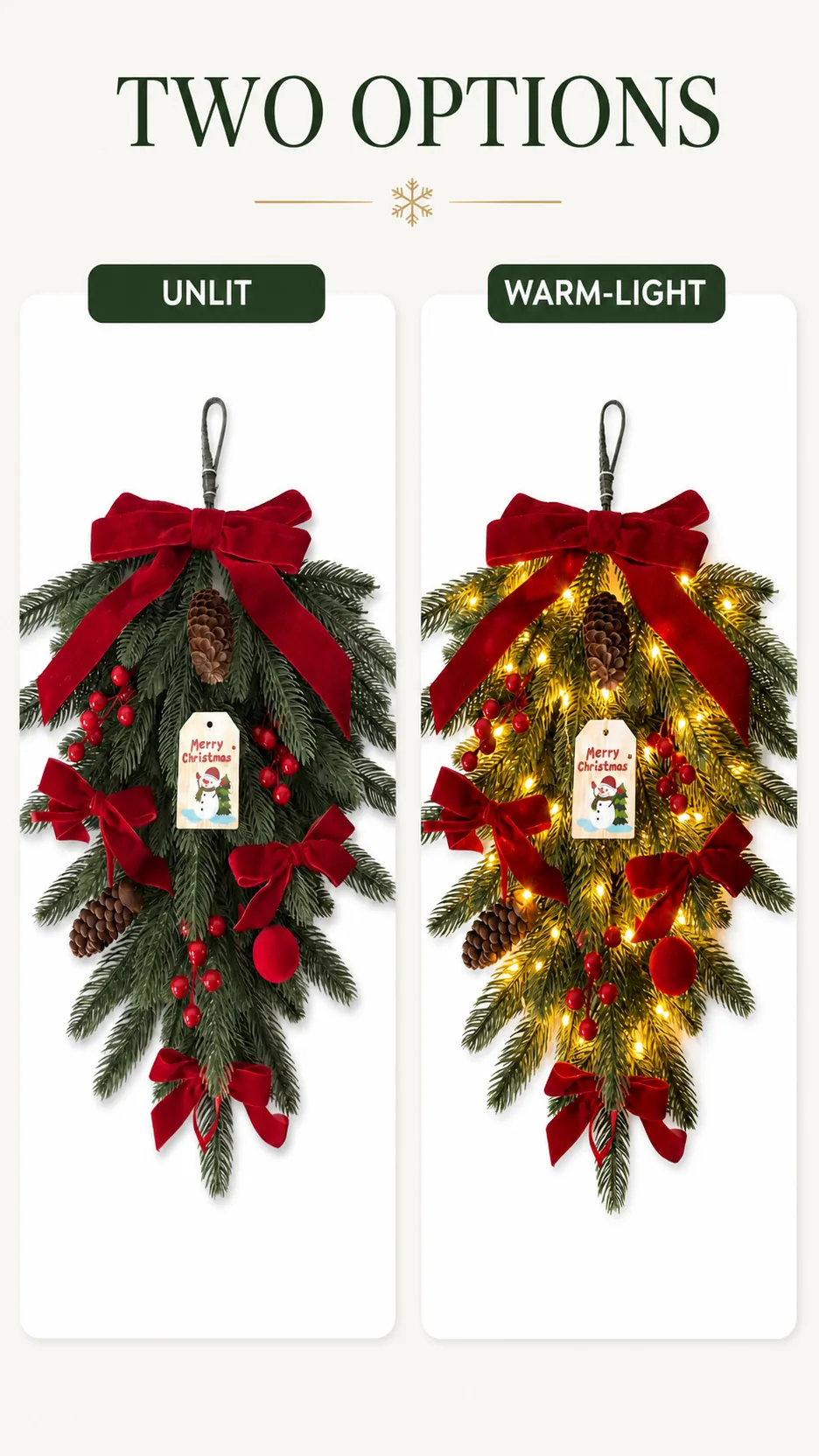 Christmas Teardrop Hanging Wreath with Red Velvet Bow Pinecone Berry Door Wall Decoration product detail 2