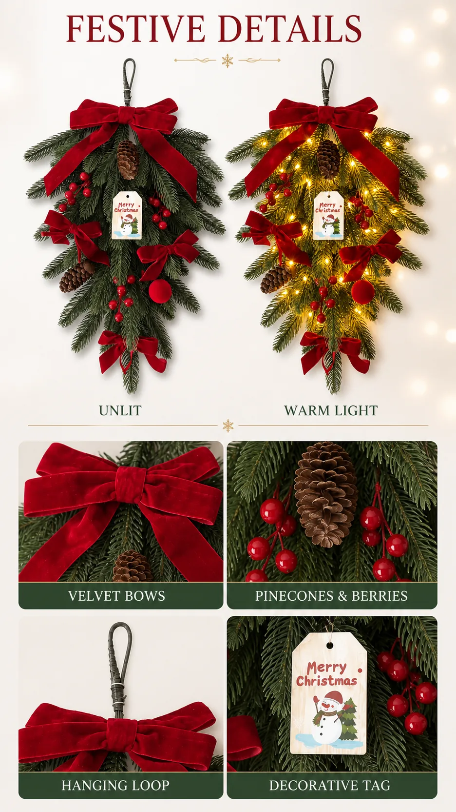 Christmas Teardrop Hanging Wreath with Red Velvet Bow Pinecone Berry Door Wall Decoration product detail 3