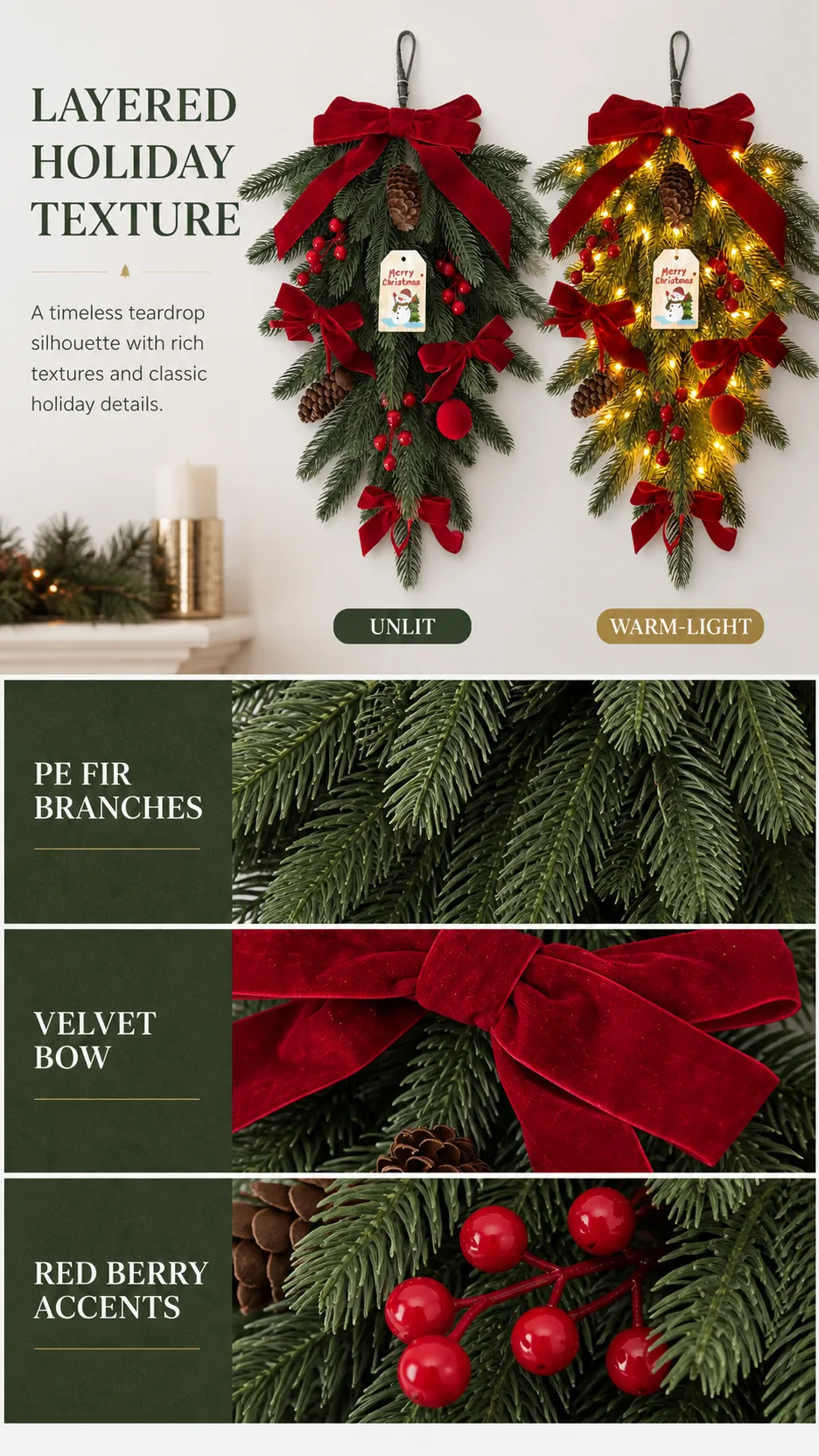 Christmas Teardrop Hanging Wreath with Red Velvet Bow Pinecone Berry Door Wall Decoration product detail 4
