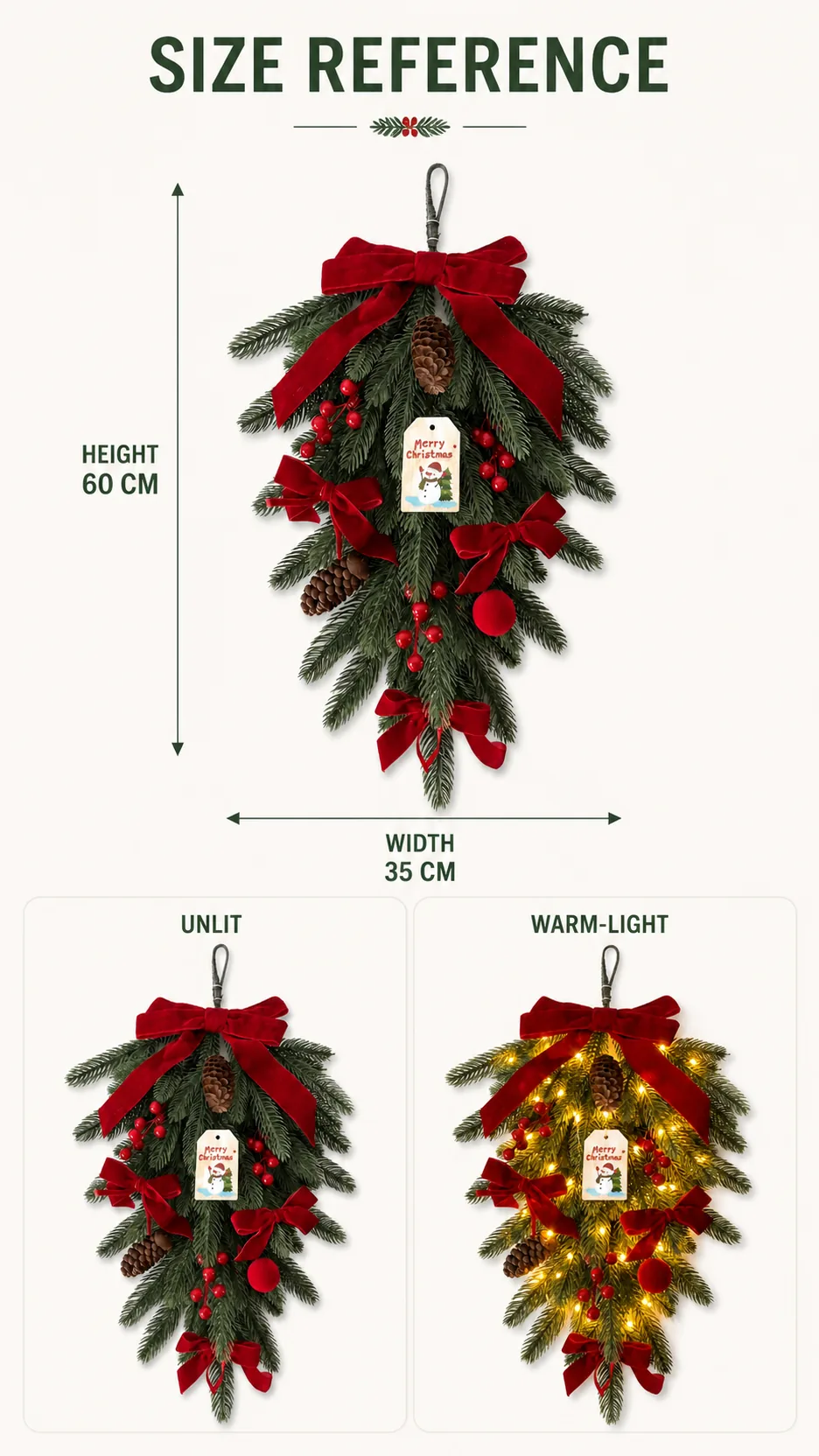 Christmas Teardrop Hanging Wreath with Red Velvet Bow Pinecone Berry Door Wall Decoration product detail 5
