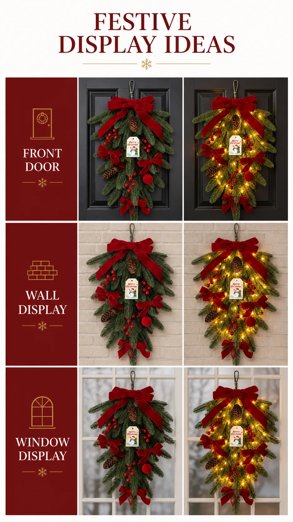 Christmas Teardrop Hanging Wreath with Red Velvet Bow Pinecone Berry Door Wall Decoration product detail 6