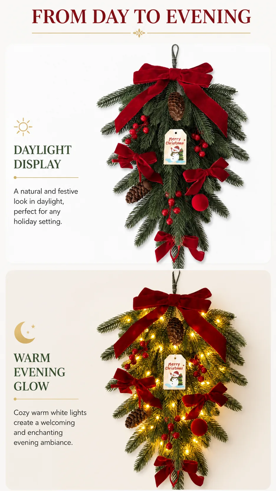 Christmas Teardrop Hanging Wreath with Red Velvet Bow Pinecone Berry Door Wall Decoration product detail 7