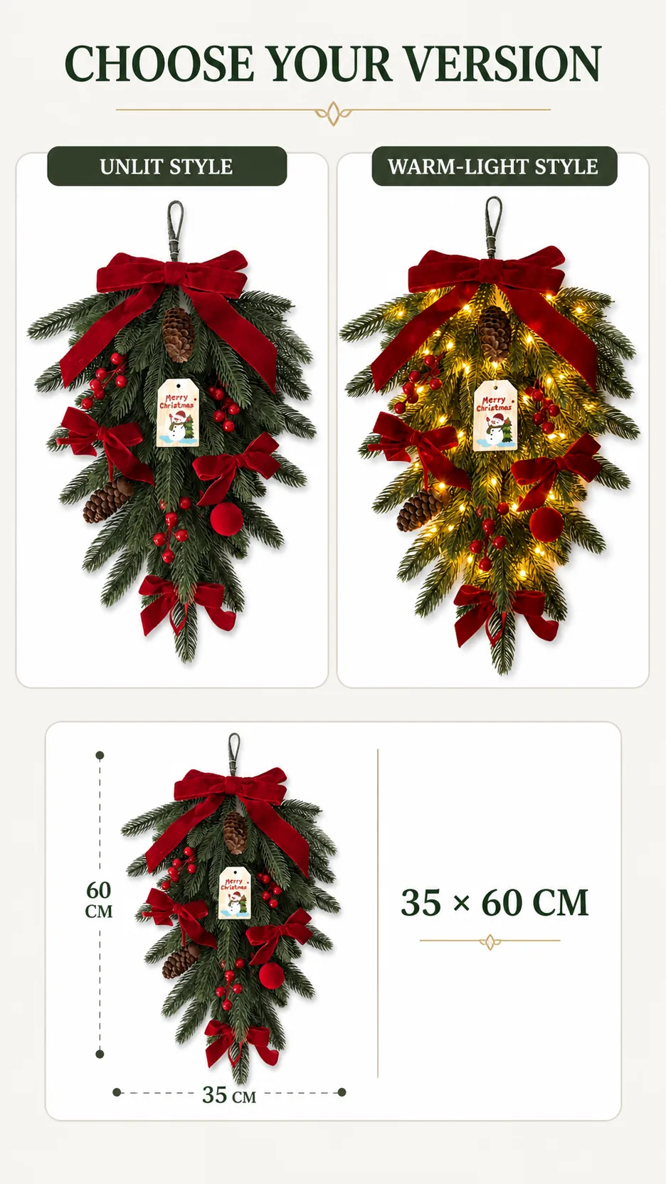 Christmas Teardrop Hanging Wreath with Red Velvet Bow Pinecone Berry Door Wall Decoration product detail 8