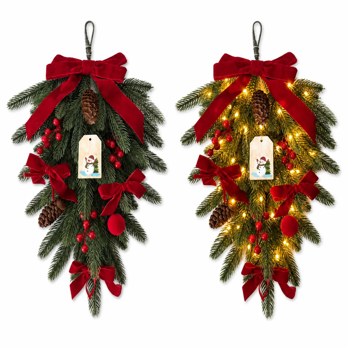 Christmas Teardrop Hanging Wreath with Red Velvet Bow Pinecone Berry Door Wall Decoration