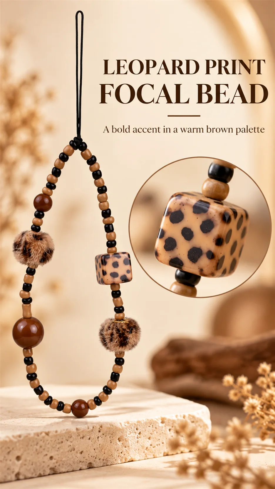The phone hangs on a merad-like, brown, retweeted, chained cell phone chain with a camera. product detail 2