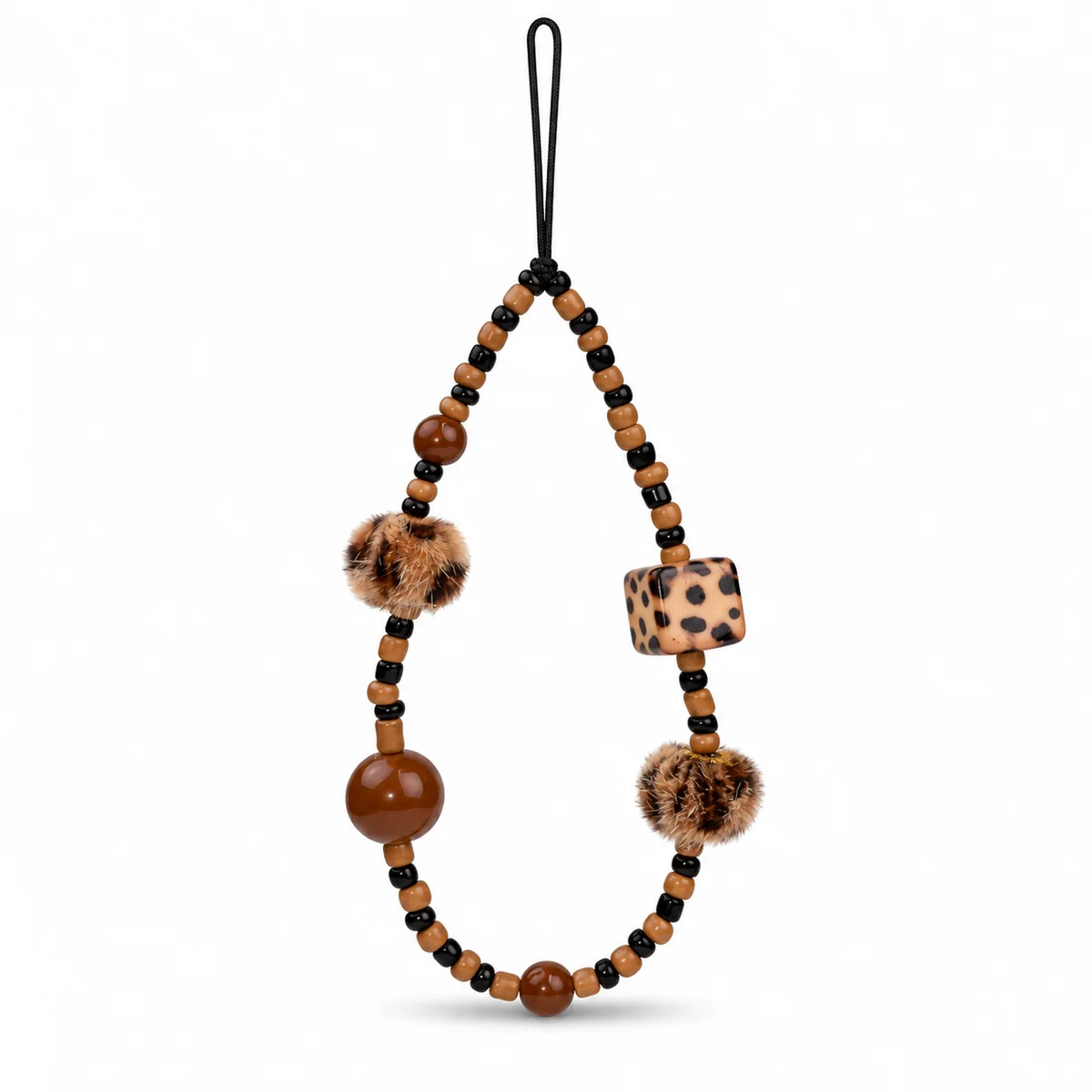 The phone hangs on a merad-like, brown, retweeted, chained cell phone chain with a camera.