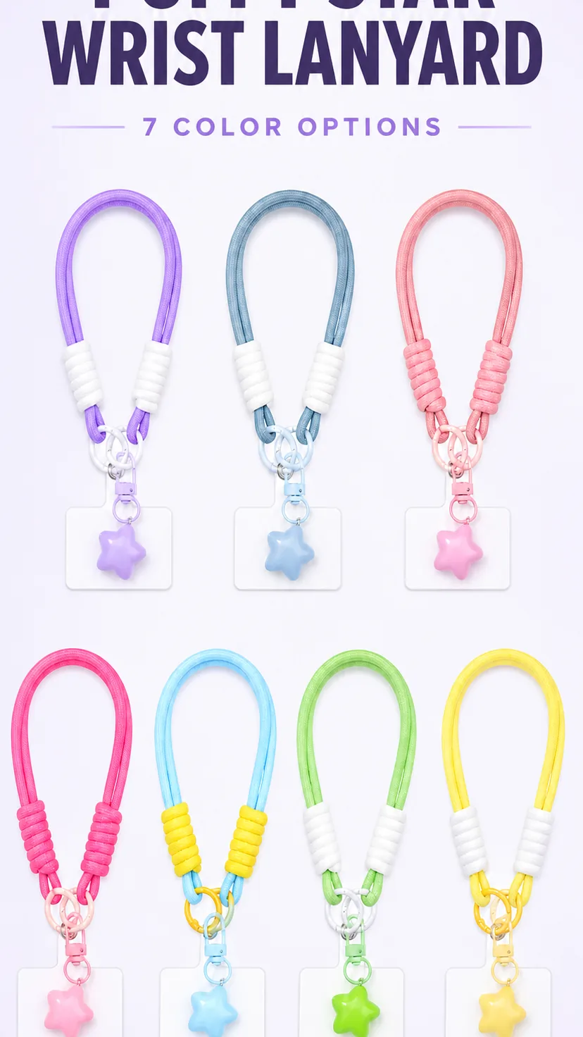 Dopamine Style Puffy Star Wrist Lanyard Keychain with Acrylic Card Holder product detail 1