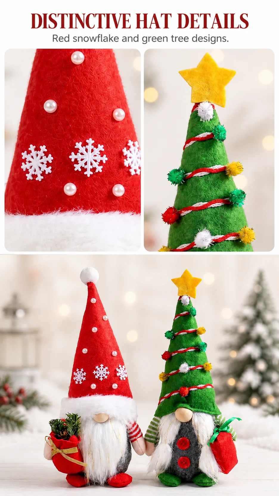 Christmas Faceless Gnome Doll Plush Figurine Red Snowflake and Green Tree Hat Desktop Decoration product detail 3