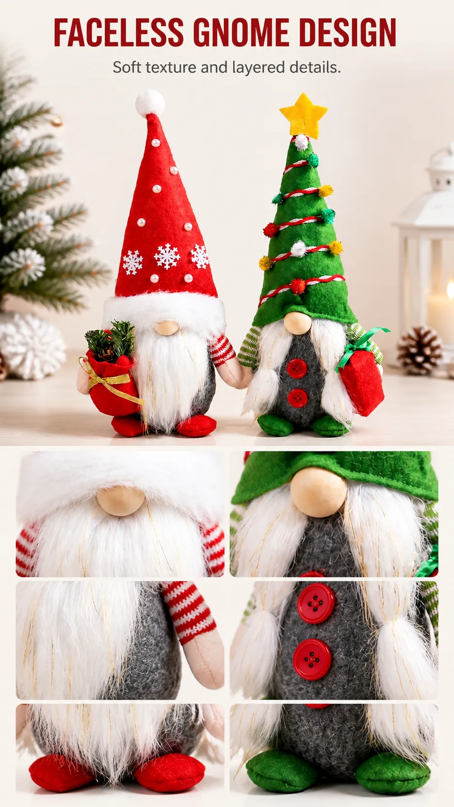 Christmas Faceless Gnome Doll Plush Figurine Red Snowflake and Green Tree Hat Desktop Decoration product detail 4