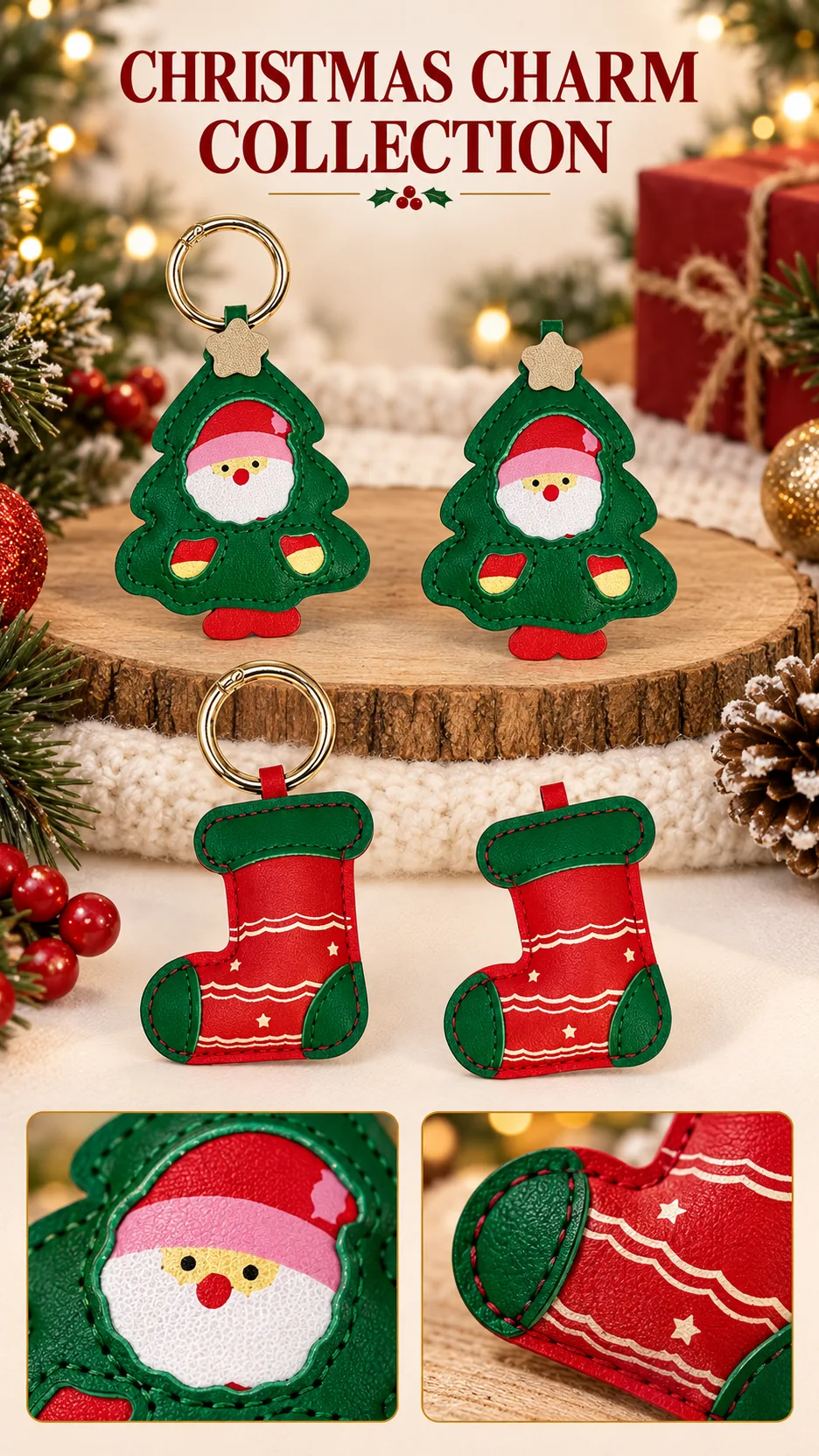 Leather Christmas Tree and Stocking Keychains for Bags and Keys product detail 1