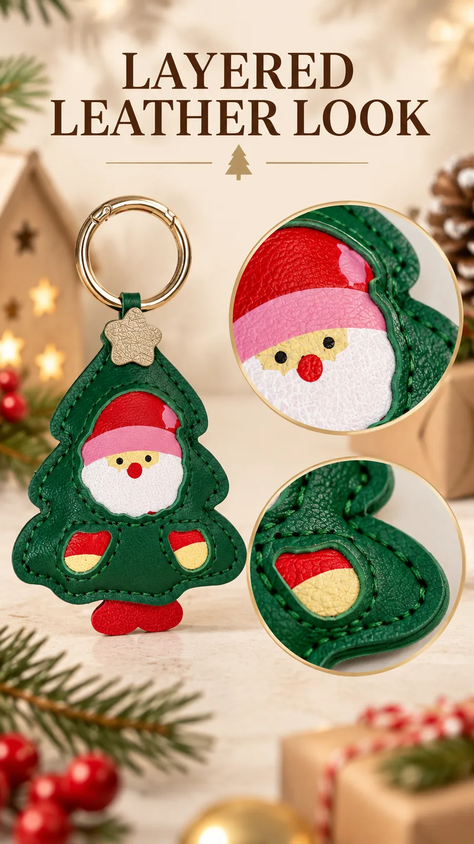 Leather Christmas Tree and Stocking Keychains for Bags and Keys product detail 2