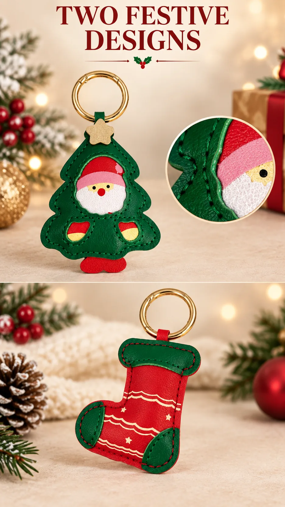 Leather Christmas Tree and Stocking Keychains for Bags and Keys product detail 3